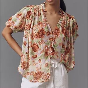 The Estela Short-Sleeve Sheer Printed Blouse